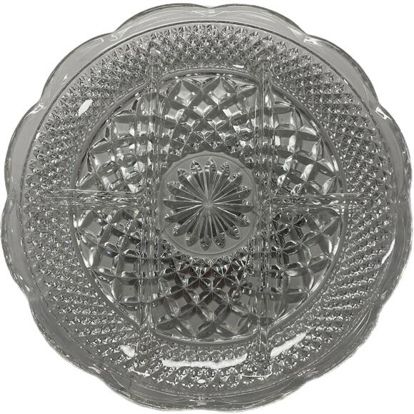 Antique 11” Thick Round Crystal Glass Round Divided Serving Plate Dish Bowl